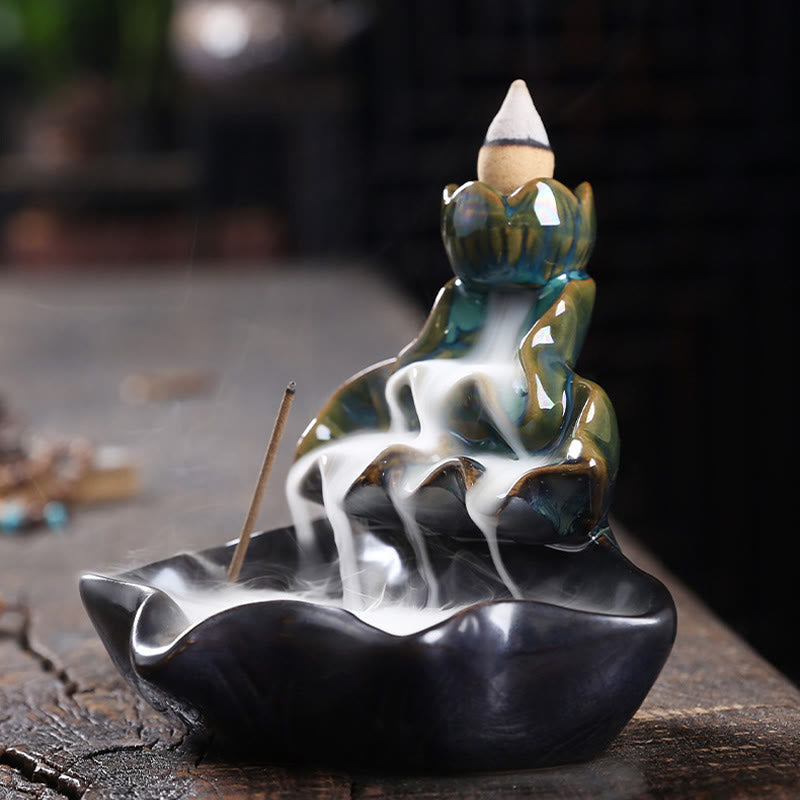 ATELIER-TIBET Porte-Encens à Reflux Lotus avec Poisson Koi en Céramique – 11,5 cm