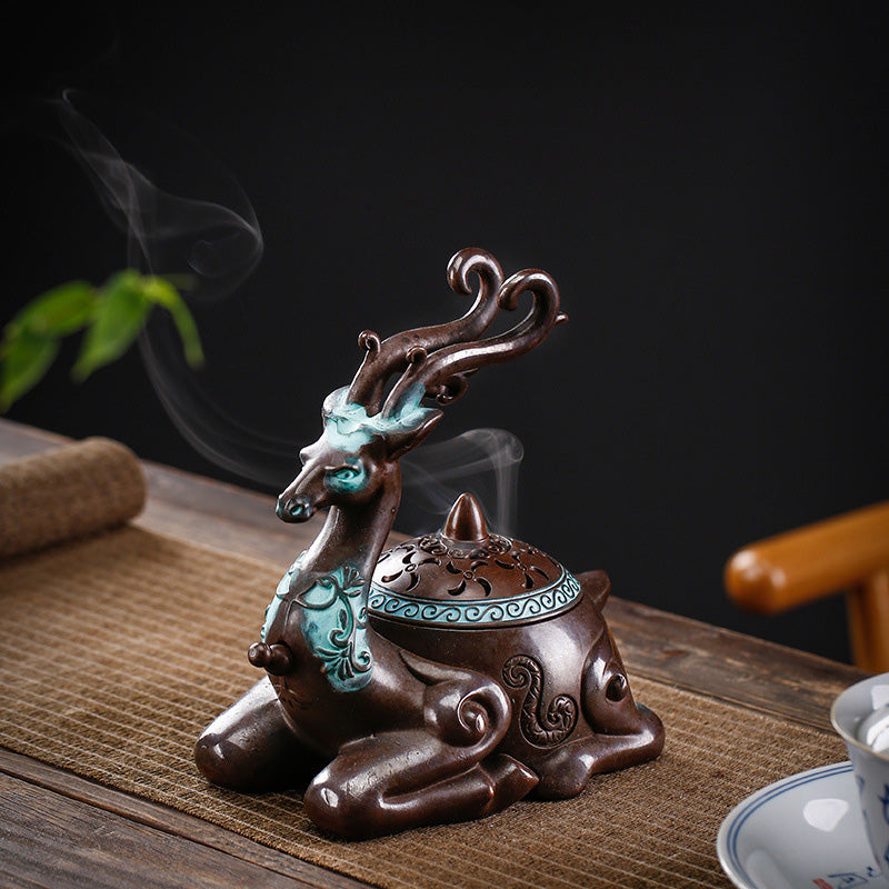 ATELIER-TIBET | Brûleur d’Encens Cerf Oriental – Céramique Sculptée Bicolore
