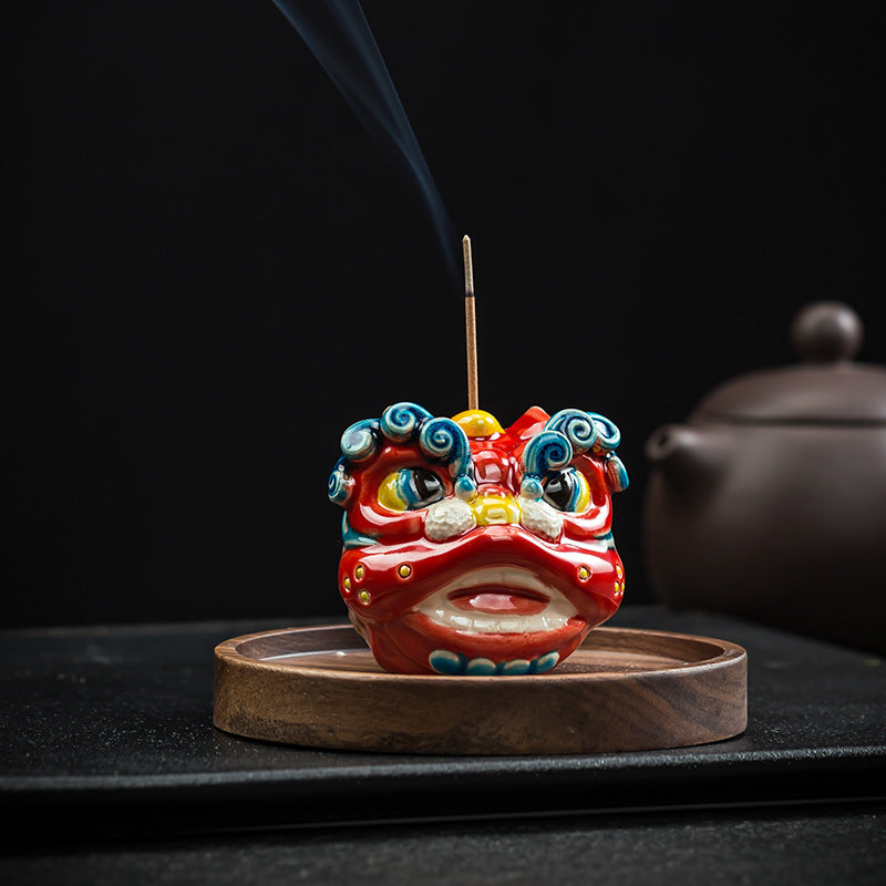 ATELIER-TIBET Porte-Encens Céramique Danse du Lion – Art Traditionnel & Symbolique Culturelle (5 cm)