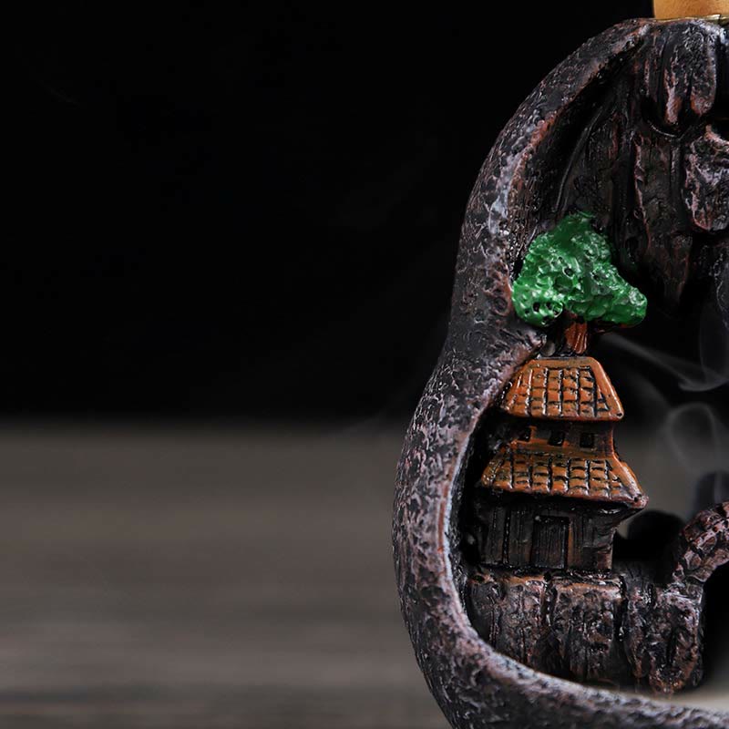 ATELIER-TIBET Brûleur d’Encens Bouddha à Cascade Paysage Montagnes en Résine