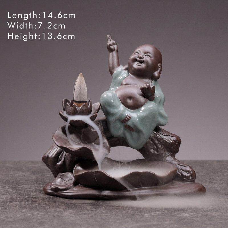 ATELIER-TIBET – Brûleur d’Encens en Céramique Lotus & Petit Moine à Reflux