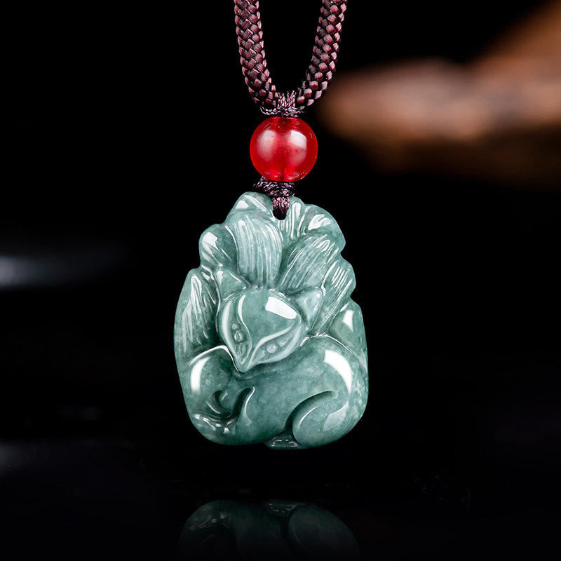 ATELIER-TIBET – Collier de Prospérité Renard à Neuf Queues en Jade Vert Naturel – Pendentif Symbolique Unisexe