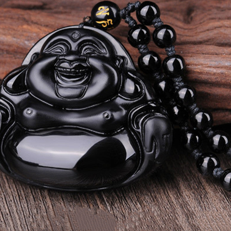 ATELIER-TIBET – Pendentif Bouddha Rieur en Obsidienne Noire Naturelle