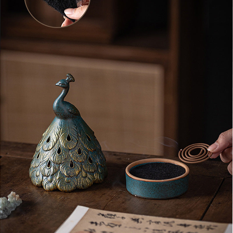ATELIER-TIBET | Brûleur d’Encens Paon en Céramique – Sculpture Élégante Artisanale