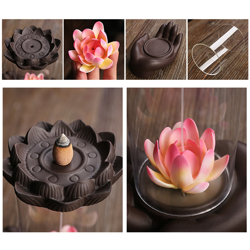 ATELIER-TIBET – Porte-Encens Main de Bouddha Lotus Éveil en Argile Pourpre avec LED