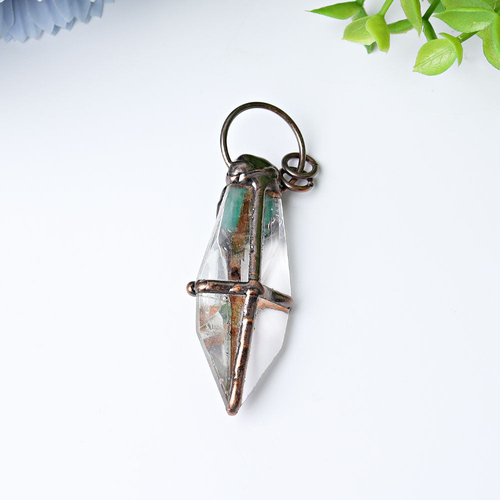 ATELIER-TIBET – Pendentif Pointe en Quartz Clair & Amazonite Naturelle – 7,6 cm