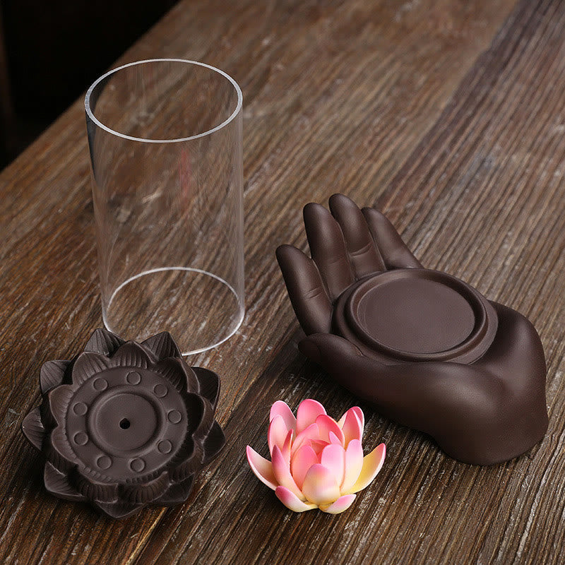 ATELIER-TIBET – Porte-Encens Main de Bouddha Lotus Éveil en Argile Pourpre avec LED