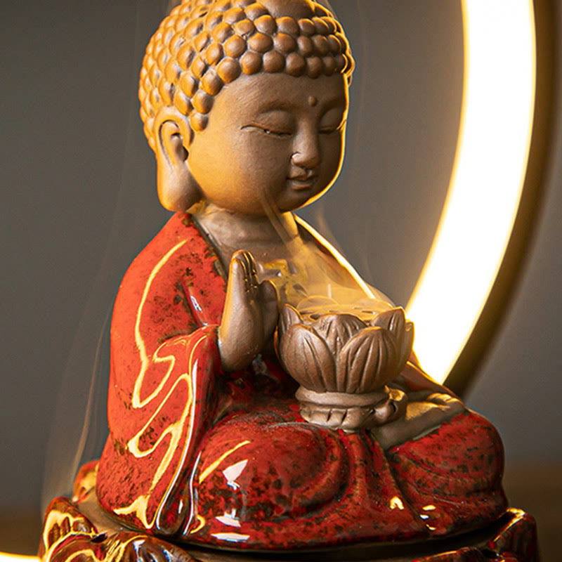 ATELIER-TIBET Brûleur d’Encens Reflux Bouddha Lotus en Céramique – Porte-Encens LED