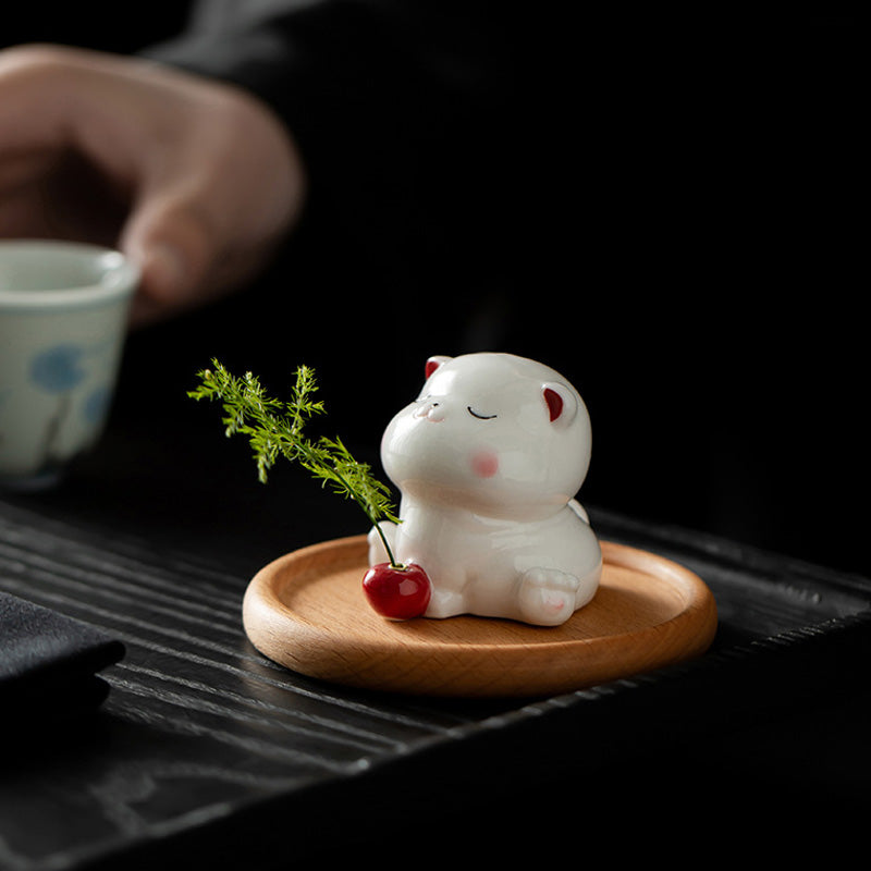 ATELIER-TIBET Porte-Encens Céramique Chat – Design Adorable & Plateau Bois (5,4 cm)