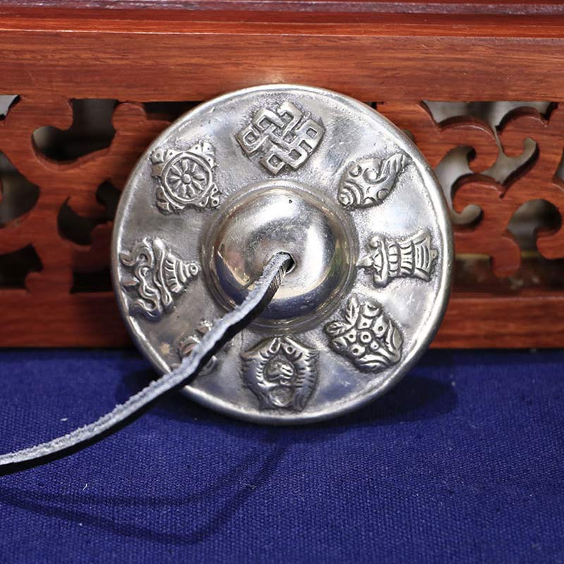 ATELIER-TIBET Cloches Tingsha Tibétaines en Cuivre Blanc – Six Mots Véritables et Symboles Auspicieux