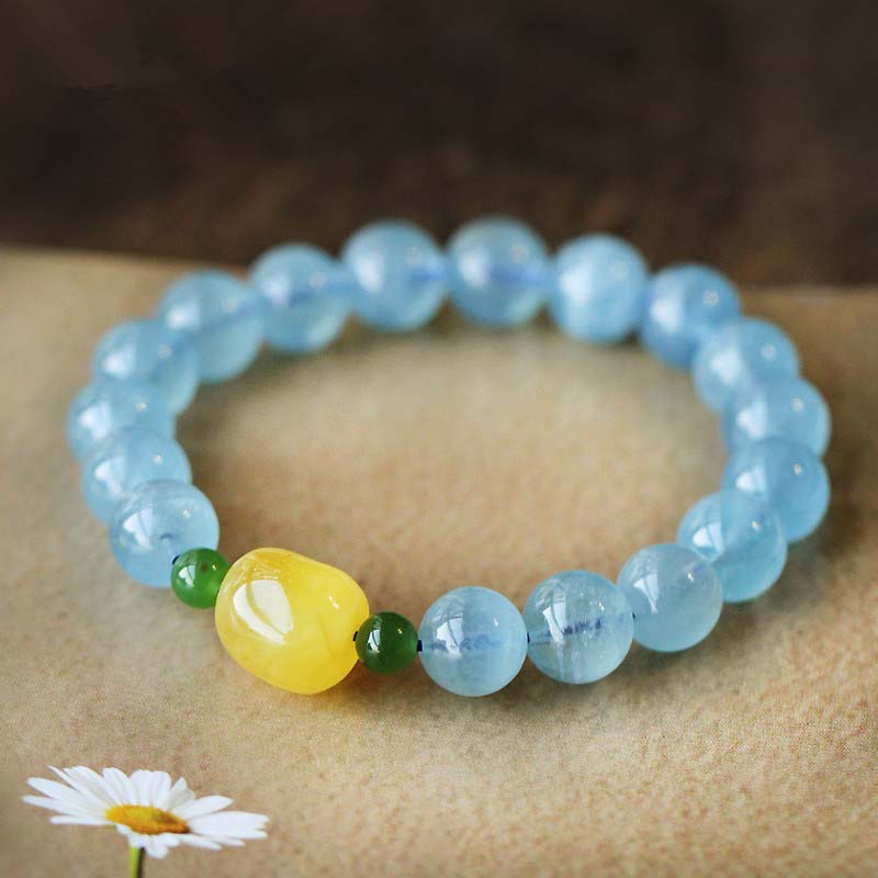 ATELIER-TIBET – Bracelet Sérénité en Aigue-Marine & Ambre Naturels 8 mm | Harmonie & Apaisement Symbolique