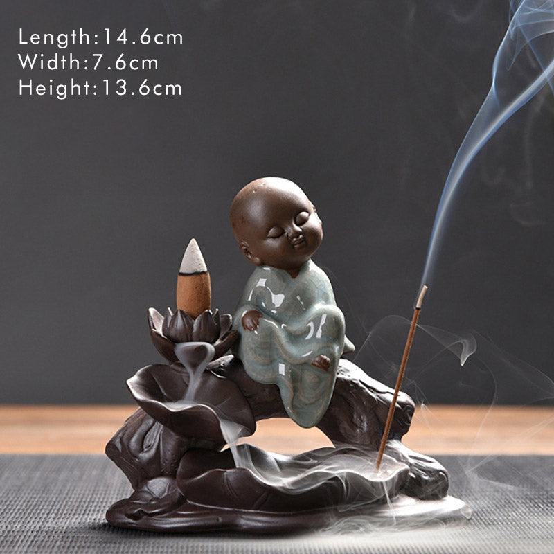 ATELIER-TIBET – Brûleur d’Encens en Céramique Lotus & Petit Moine à Reflux