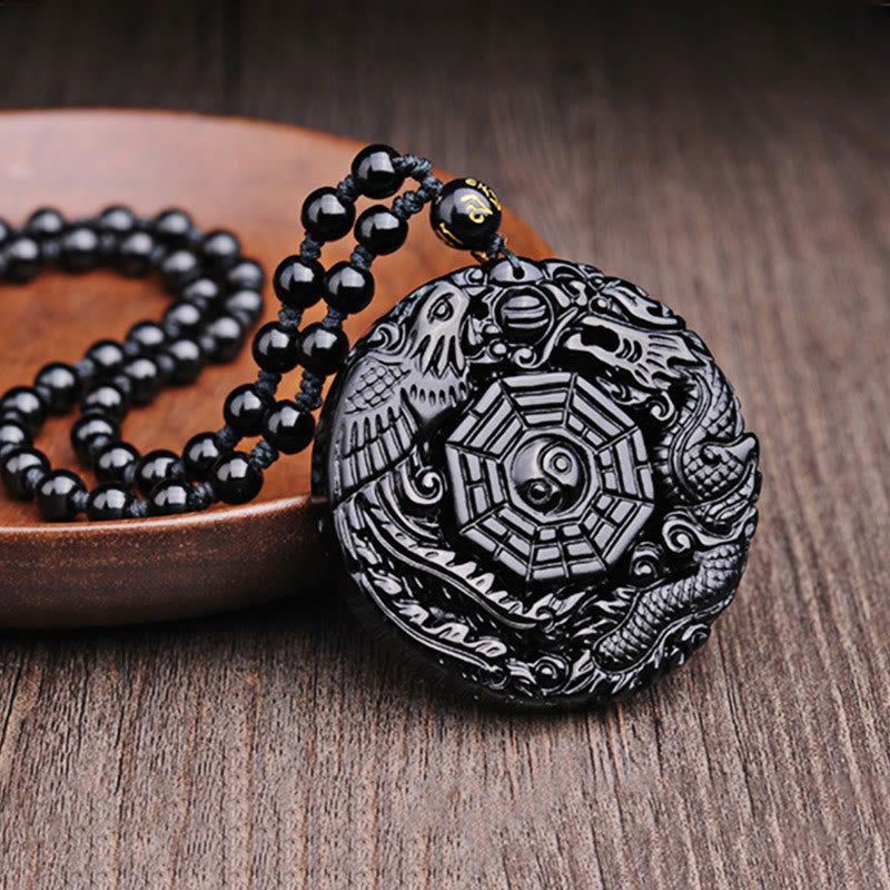 ATELIER-TIBET – Pendentif Bagua Dragon & Phénix en Obsidienne Noire Naturelle