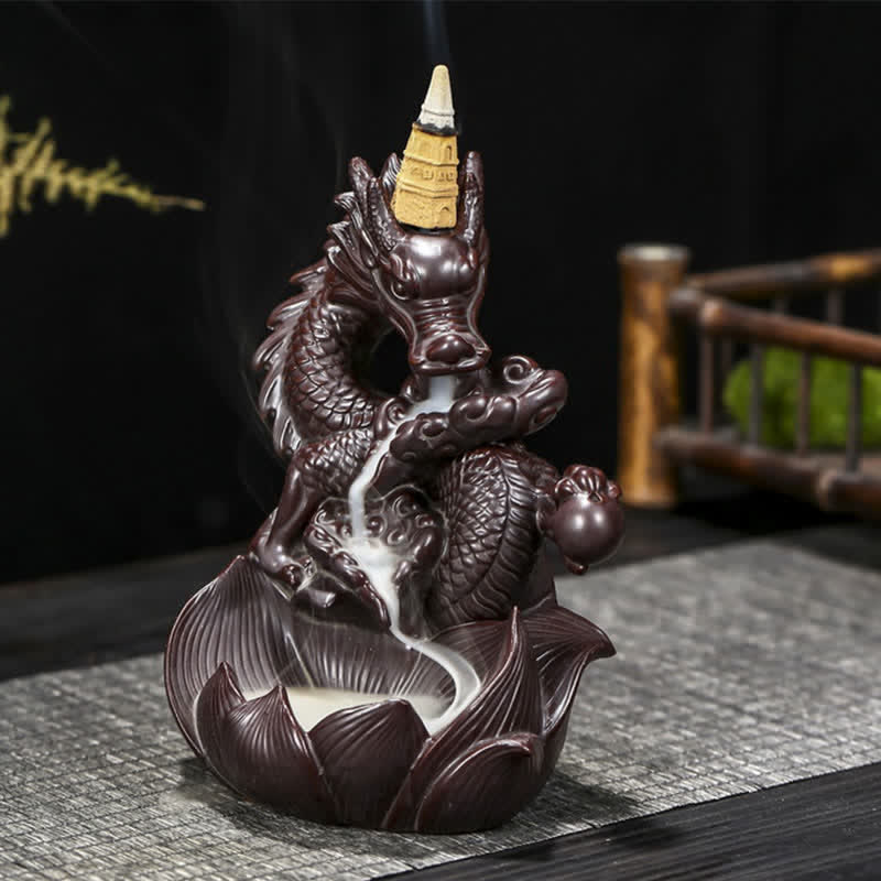 ATELIER-TIBET Brûleur d'encens en céramique à motif de dragon et de lotus
