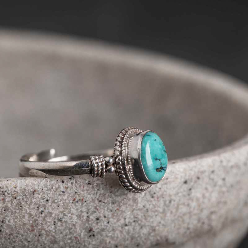 ATELIER-TIBET – Bague Sagesse en Turquoise Naturelle & Argent Sterling 925 – Ajustable Unisexe
