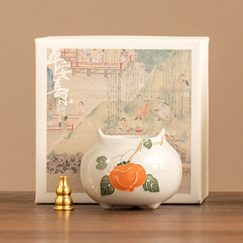 ATELIER-TIBET Porte-Encens en Céramique Shi Shi Ru Yi – Motif Kakis Auspicieux (6,7 cm)
