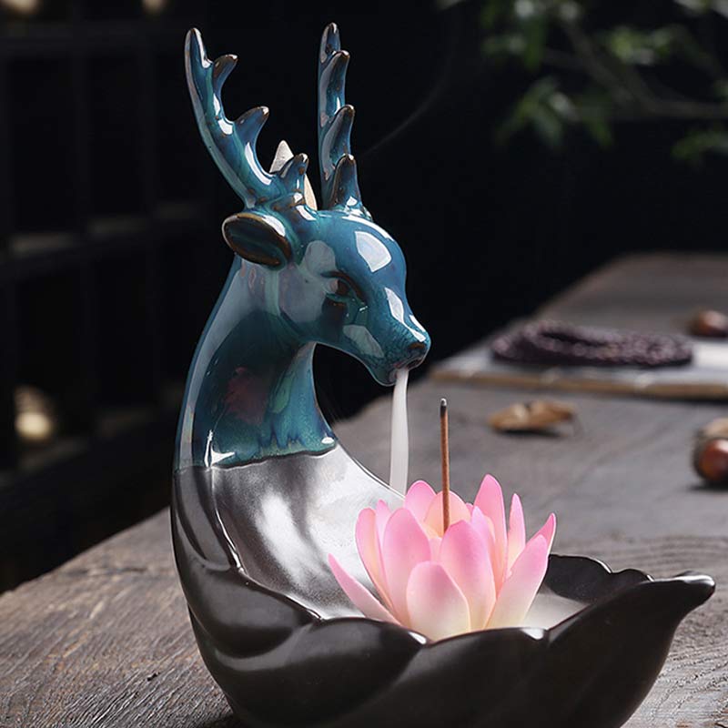 ATELIER-TIBET Brûleur d'encens de méditation en céramique Buddha Stones Little Deer Lotus