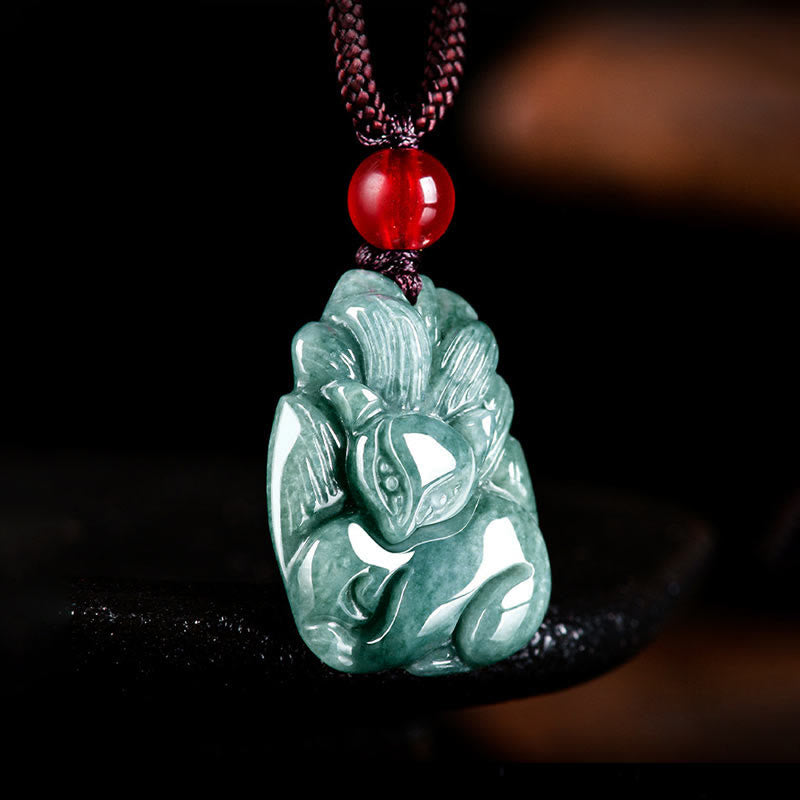 ATELIER-TIBET – Collier de Prospérité Renard à Neuf Queues en Jade Vert Naturel – Pendentif Symbolique Unisexe