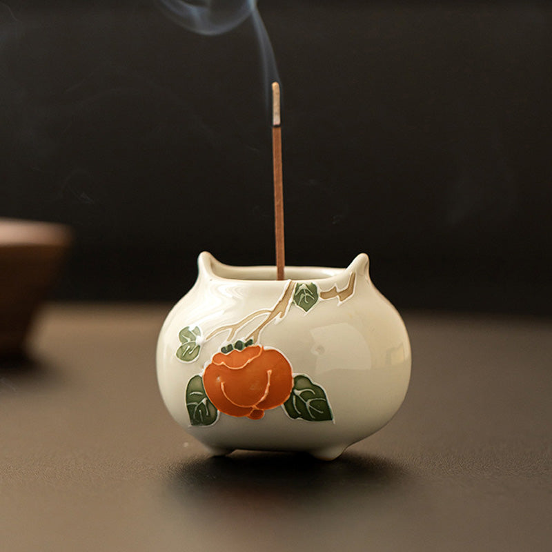 ATELIER-TIBET Porte-Encens en Céramique Shi Shi Ru Yi – Motif Kakis Auspicieux (6,7 cm)