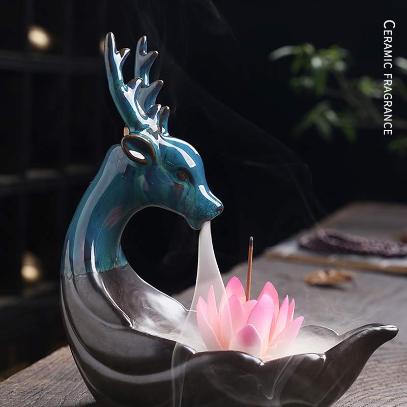ATELIER-TIBET – Brûleur d’Encens en Céramique Lotus & Cerf à Reflux