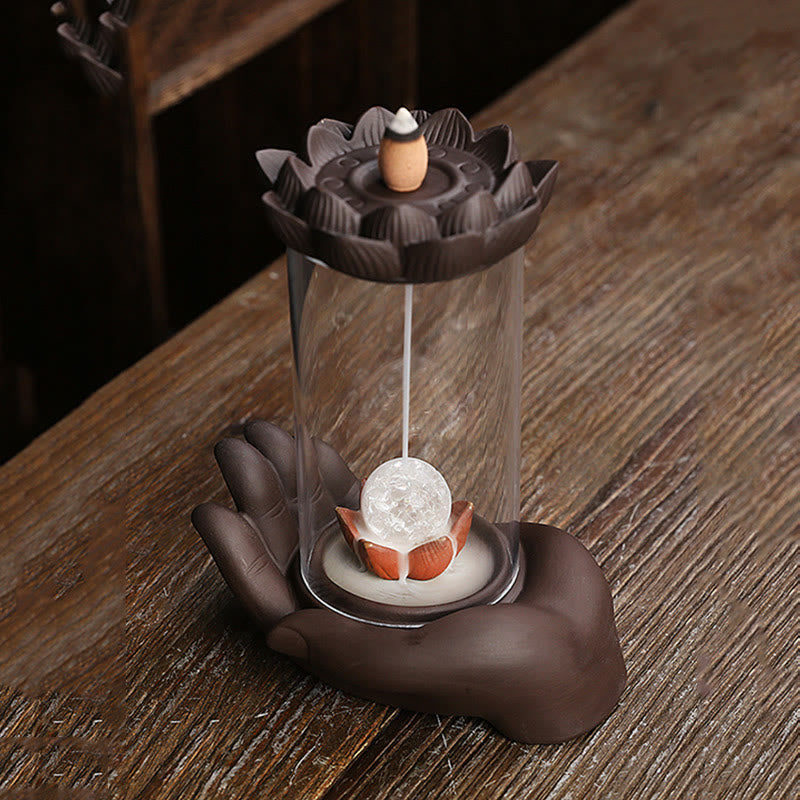 ATELIER-TIBET – Porte-Encens Main de Bouddha Lotus Éveil en Argile Pourpre avec LED