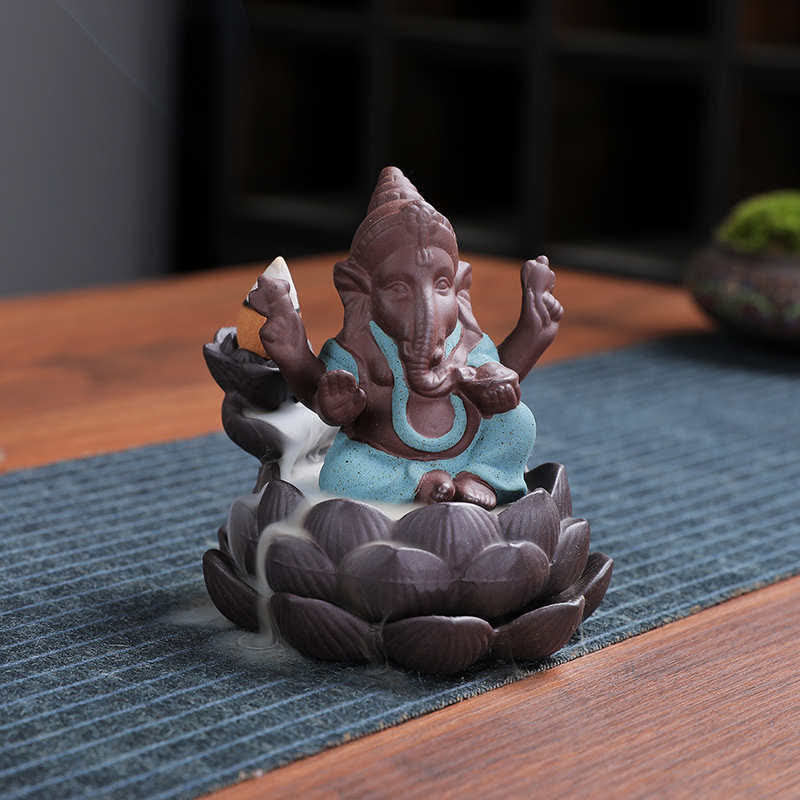 ATELIER-TIBET Brûleur d'encens à reflux en argile violette avec protection contre la fumée de l'éléphant Ganesh