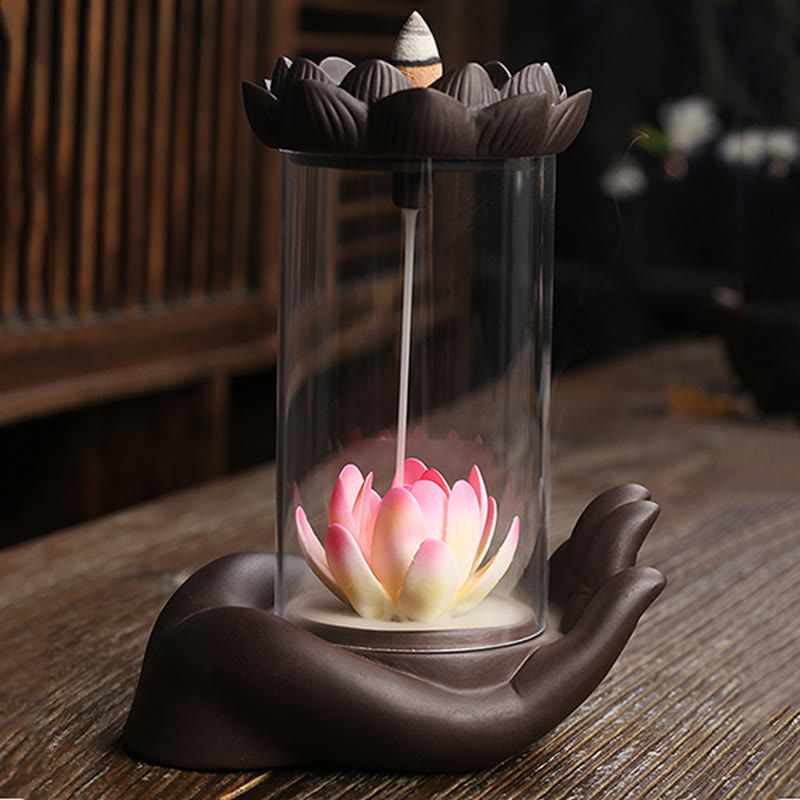 ATELIER-TIBET – Porte-Encens Main de Bouddha Lotus Éveil en Argile Pourpre avec LED