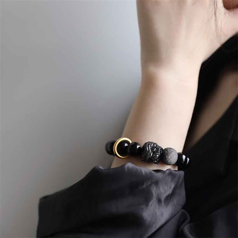 ATELIER-TIBET – Bracelet Force du Lion en Obsidienne Noire & Argentée – Perles 12 mm