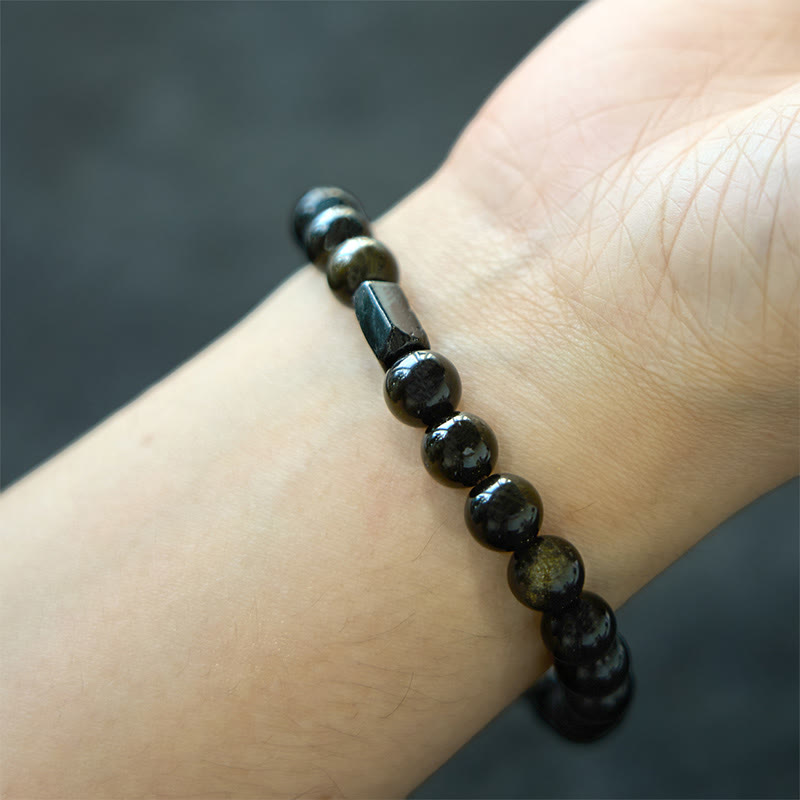 ATELIER-TIBET – Bracelet Obsidienne Dorée & Tourmaline Noire 8 mm, Ancrage et Symbolique de Prospérité