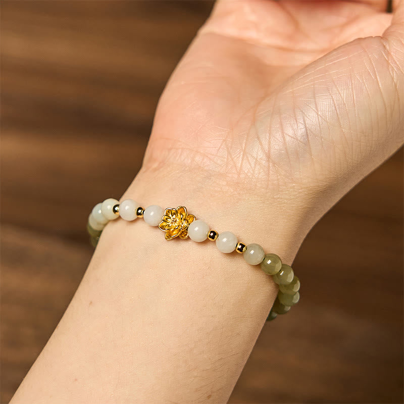 ATELIER-TIBET Bracelet Lotus Jade Hetian 8mm – Dégradé Blanc & Vert