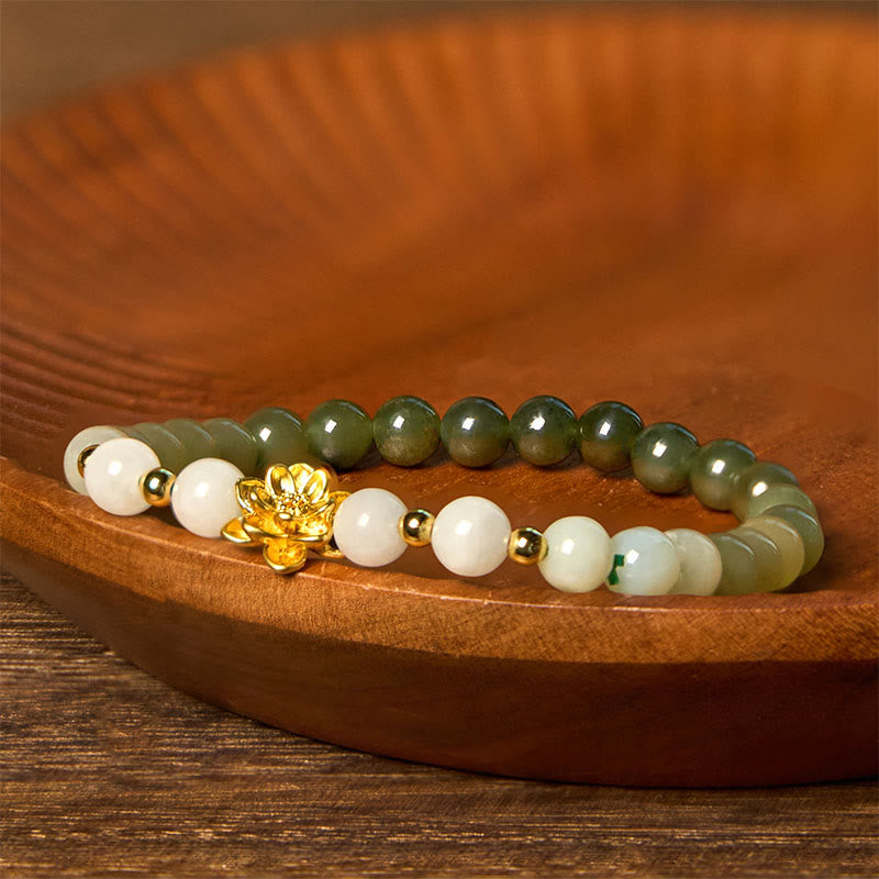 ATELIER-TIBET Bracelet Lotus Jade Hetian 8mm – Dégradé Blanc & Vert