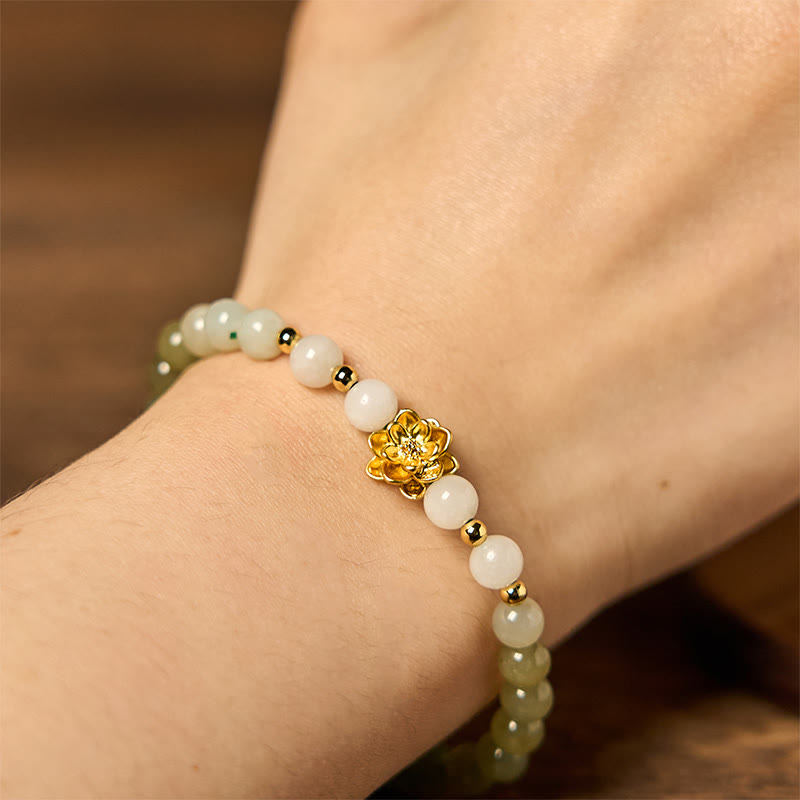 ATELIER-TIBET Bracelet Lotus Jade Hetian 8mm – Dégradé Blanc & Vert