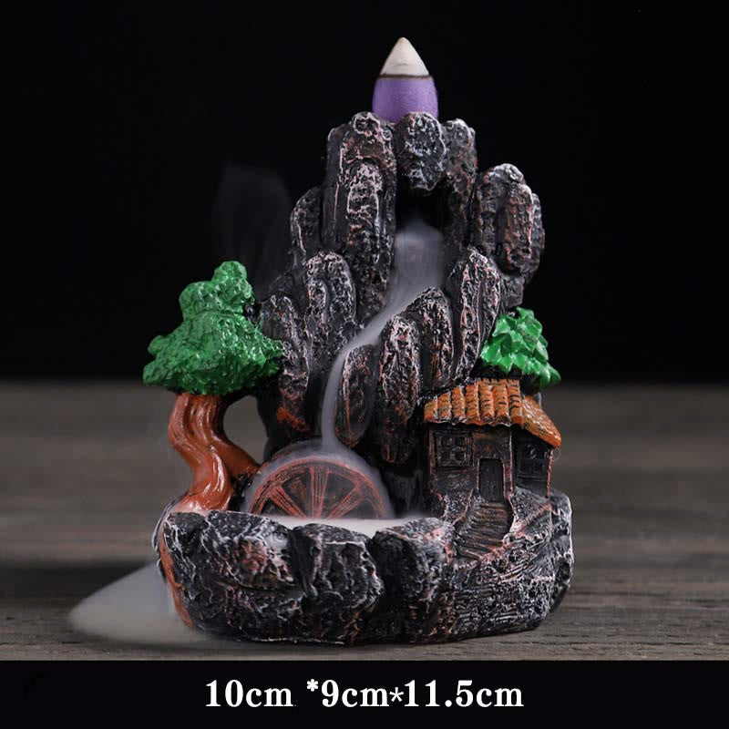 ATELIER-TIBET Brûleur d’Encens Bouddha à Cascade Paysage Montagnes en Résine
