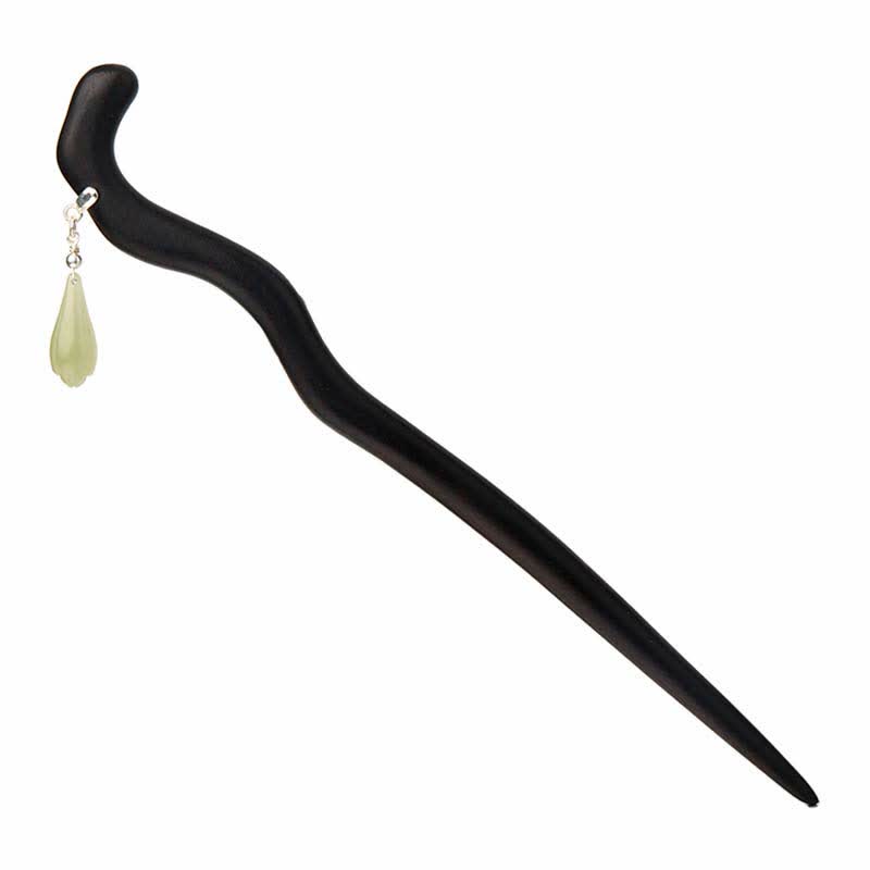 ATELIER-TIBET Pic à Cheveux Jade Hetian & Bois d’Ébène 18cm