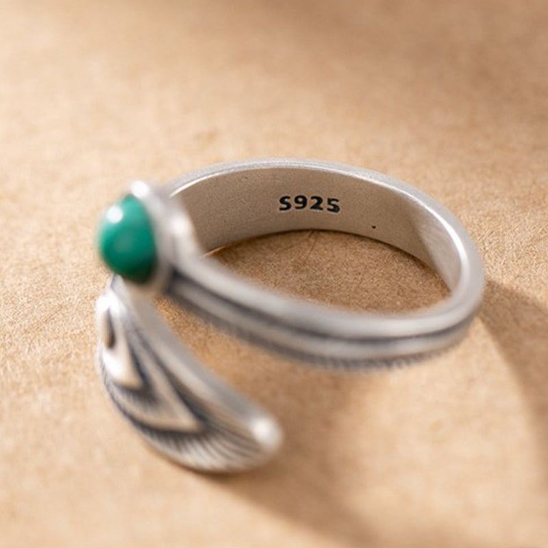 ATELIER-TIBET – Bague Plume de Protection en Malachite & Argent Sterling 925 – Anneau Symbolique Unisexe