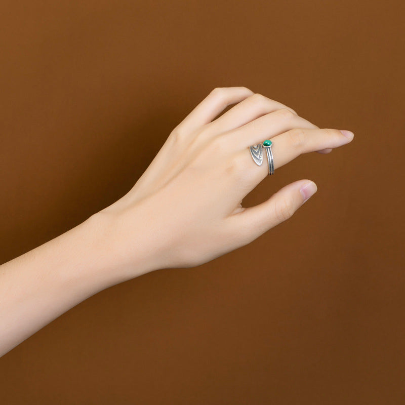 ATELIER-TIBET – Bague Plume de Protection en Malachite & Argent Sterling 925 – Anneau Symbolique Unisexe