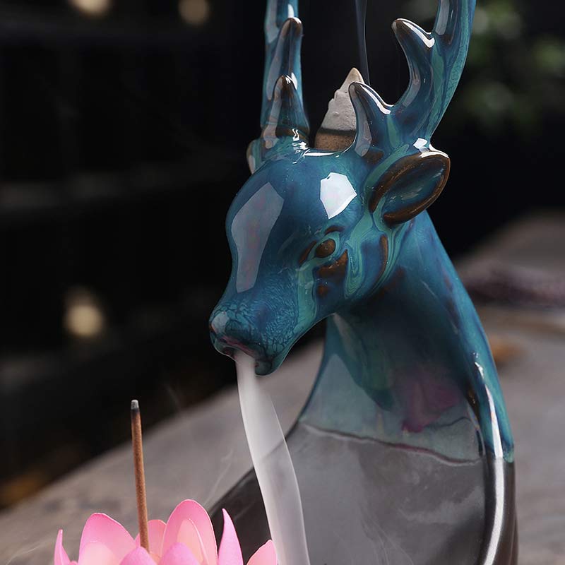 ATELIER-TIBET Brûleur d'encens de méditation en céramique Buddha Stones Little Deer Lotus