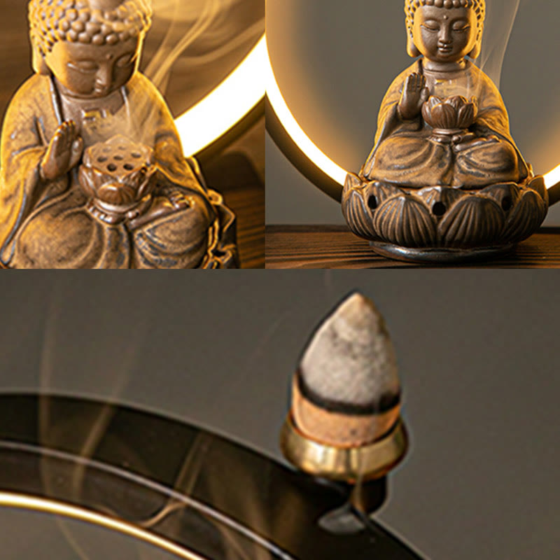 ATELIER-TIBET Brûleur d’Encens Reflux Bouddha Lotus en Céramique – Porte-Encens LED