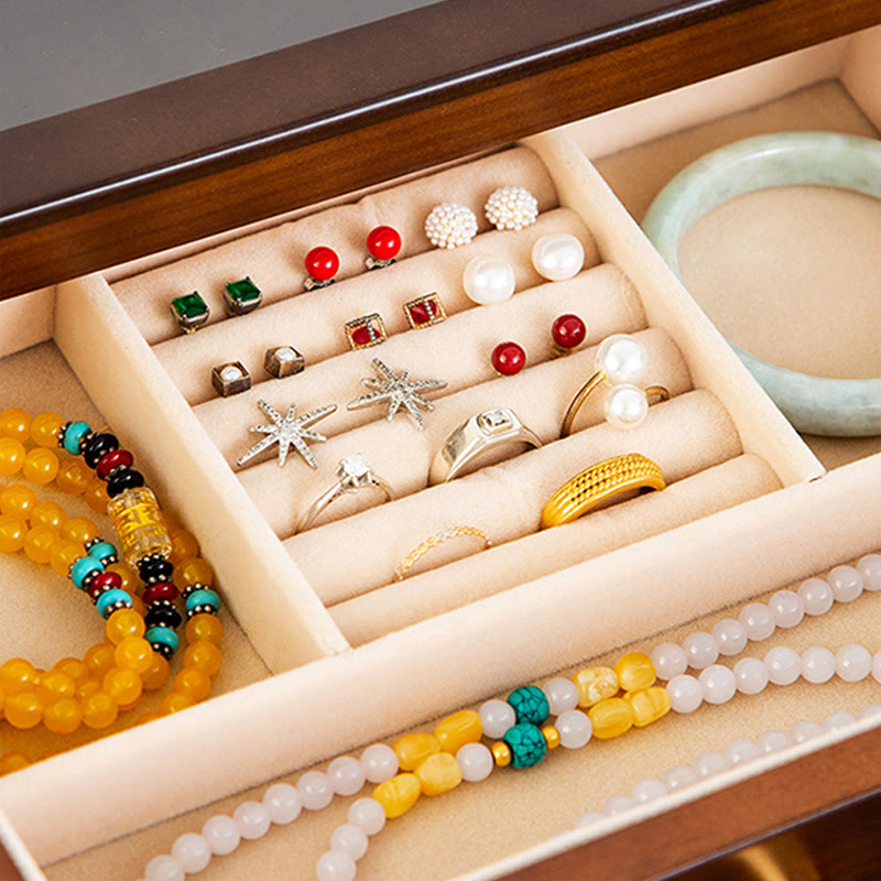 ATELIER-TIBET Boîte à bijoux rétro en bois massif avec tiroir et Buddha Stones