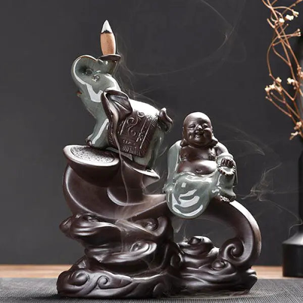 ATELIER-TIBET – Porte-Encens Cascade Bouddha Rieur & Éléphant