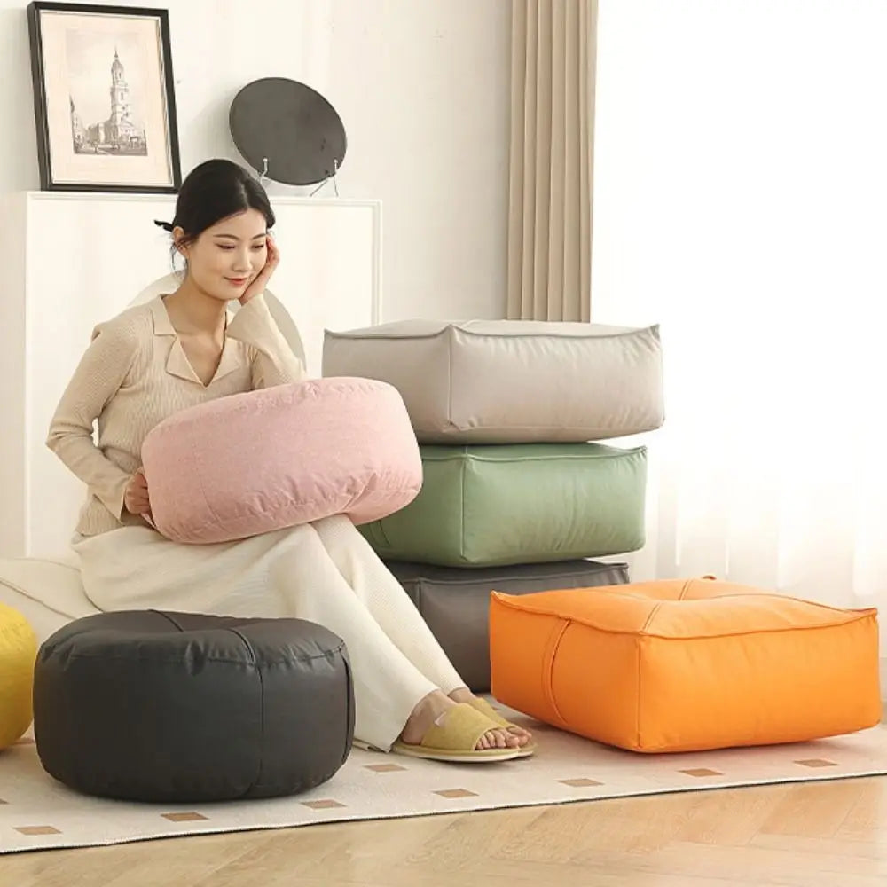 ATELIER-TIBET – Coussin de Sol Rond Japonais en Cuir PU & Particules EPS – 40 × 15 cm