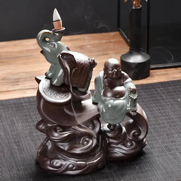 ATELIER-TIBET – Porte-Encens Cascade Bouddha Rieur & Éléphant