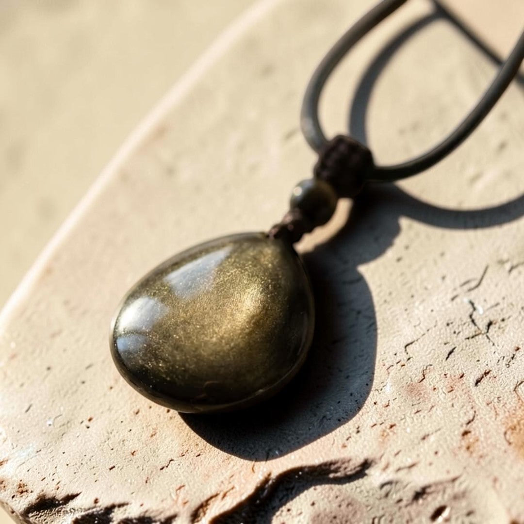 ATELIER-TIBET – Pendentif Goutte “Force Intérieure” en Obsidienne Dorée