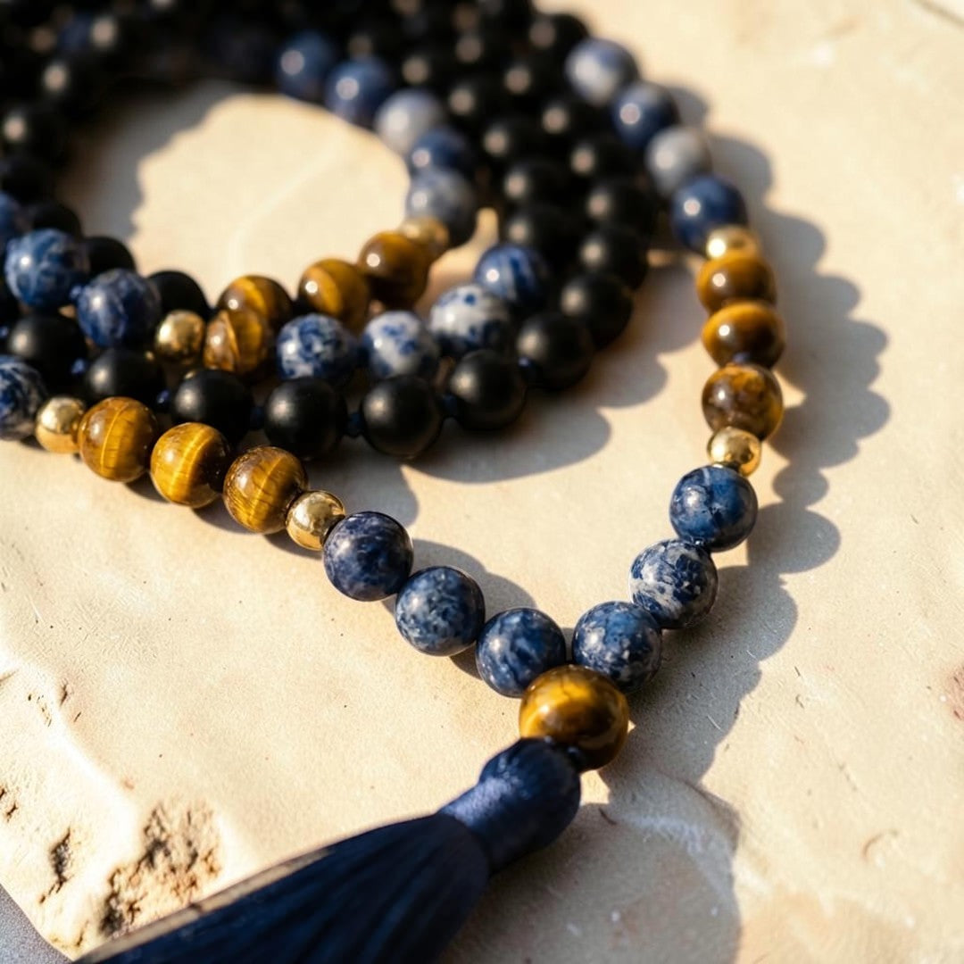 ATELIER-TIBET – Collier Mala Bouclier Intérieur en Sodalite, Œil de Tigre & Onyx Noir