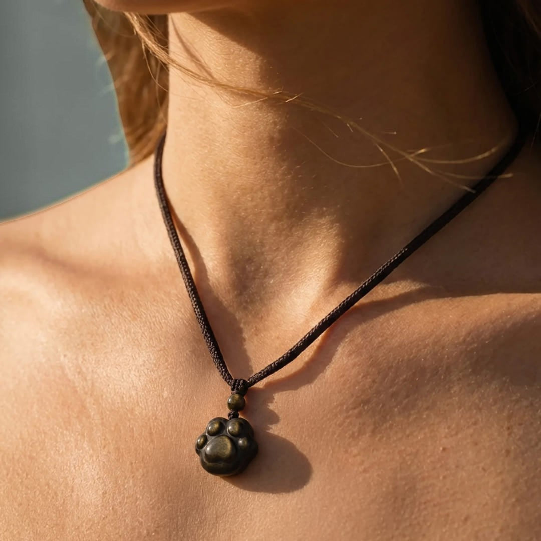 ATELIER-TIBET – Pendentif Patte Lien Éternel en Obsidienne Dorée