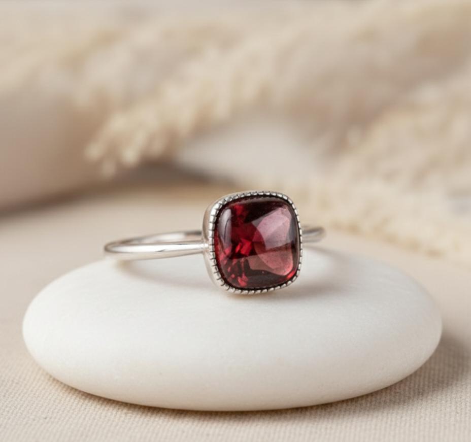 ATELIER-TIBET – Bague Carré Passion en Grenat Naturel & Argent Sterling 925 Ajustable