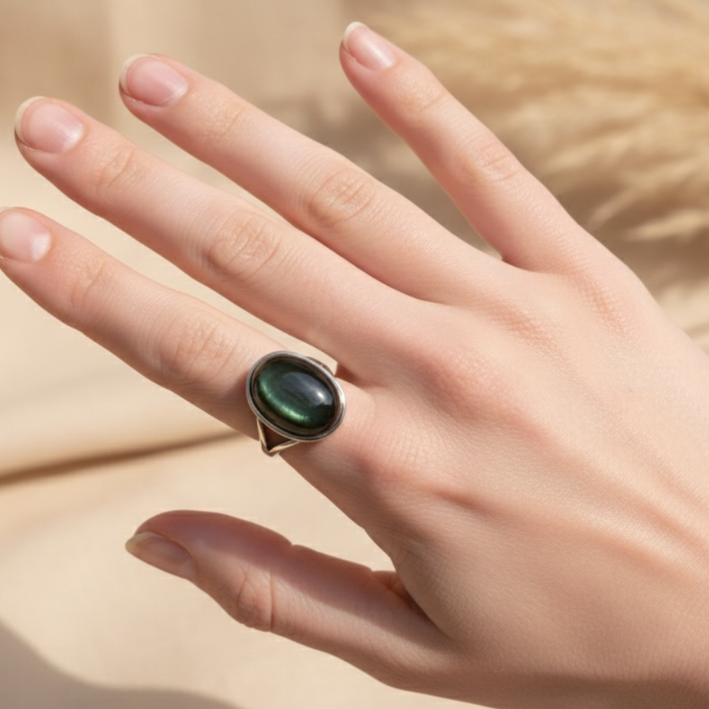 ATELIER-TIBET – Bague Obsidienne Œil Céleste “Guide Intérieur” – Argent – Bague ajustable