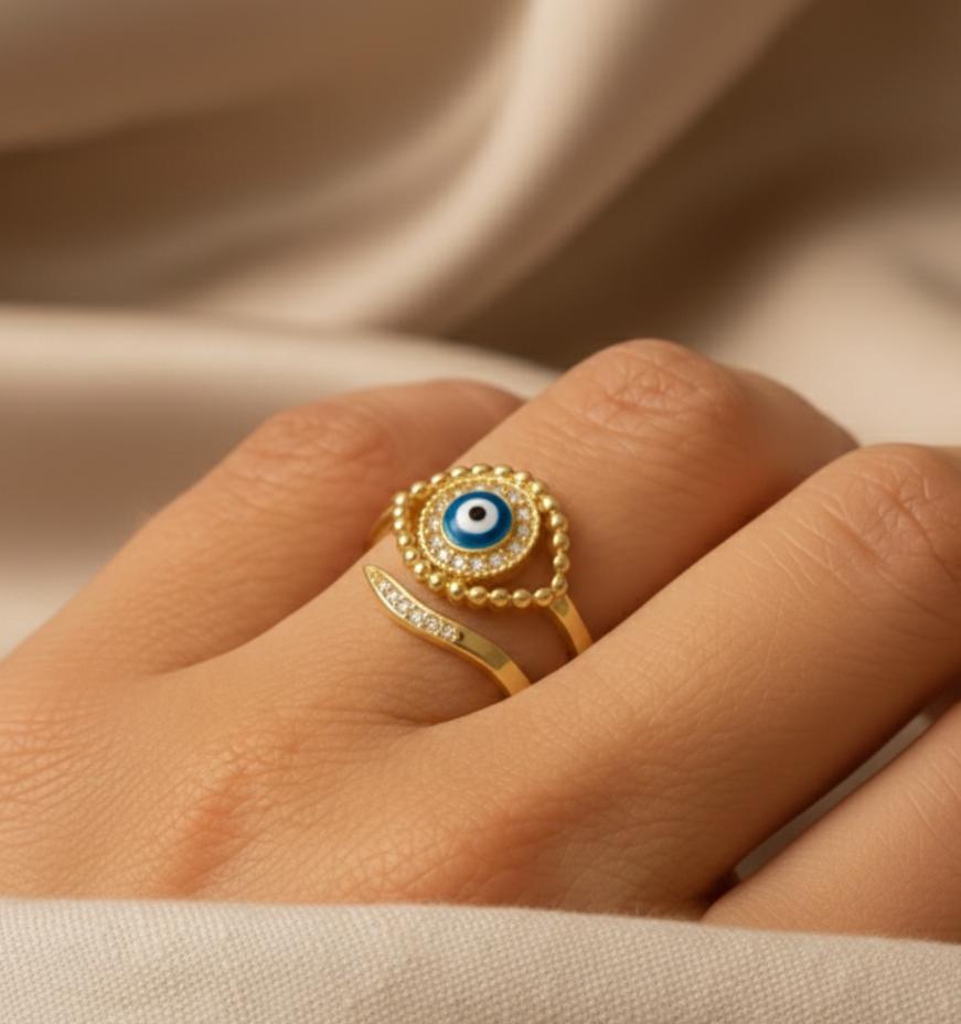 ATELIER-TIBET – Bague Œil Bleu Porte-Bonheur Ajustable en Métal Finition Argent