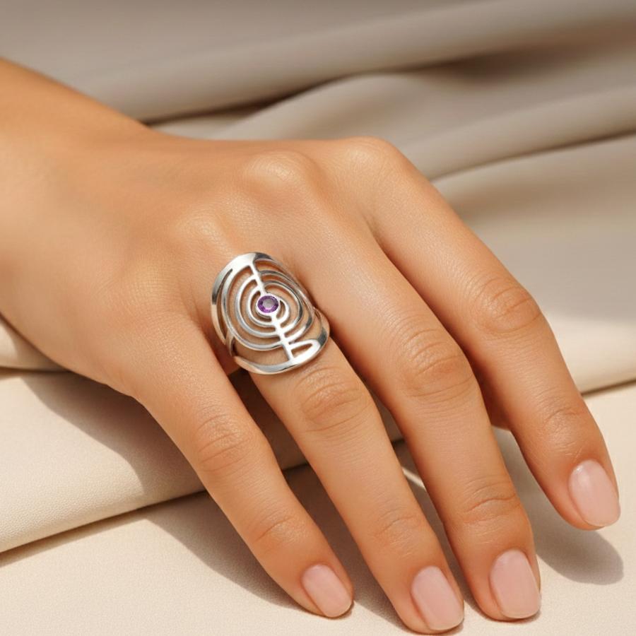 ATELIER-TIBET – Bague Cho Ku Rei Ajustable en Acier Inoxydable & Zircon Violet