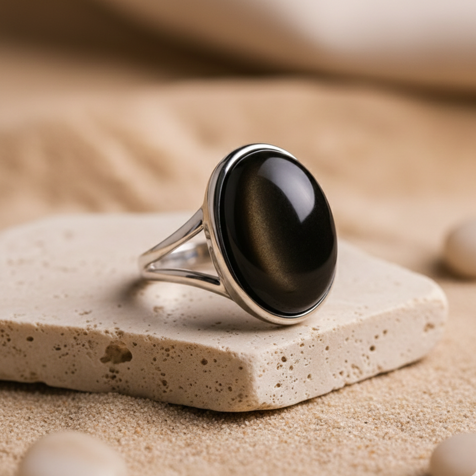 ATELIER-TIBET – Bague Obsidienne Dorée “Armure Intérieure” – Pierre naturelle – Bague ajustable